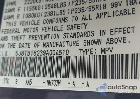 2009 Acura Rdx from USA, damaged, VIN 5J8TB18239A004510